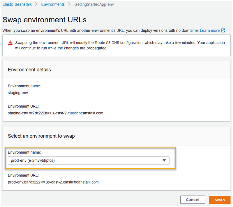 Página Swap Environment URLs (Intercambiar direcciones URL de los entornos)