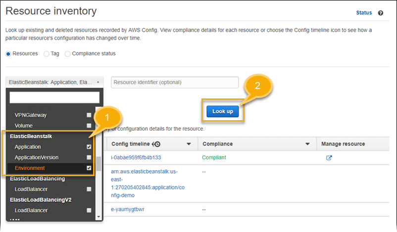 AWS ConfigPágina de configuración de inventario de recursos de con una lista de tipos de recursos que se pueden buscar