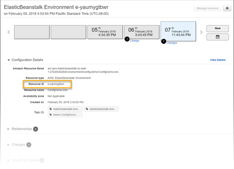 AWS ConfigPágina de detalles de recursos de que muestra detalles de configuración para un entorno de Elastic Beanstalk