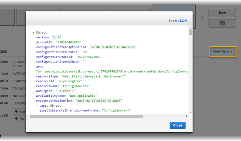 AWS ConfigPágina de detalles de recursos de que muestra detalles de configuración para un entorno de Elastic Beanstalk