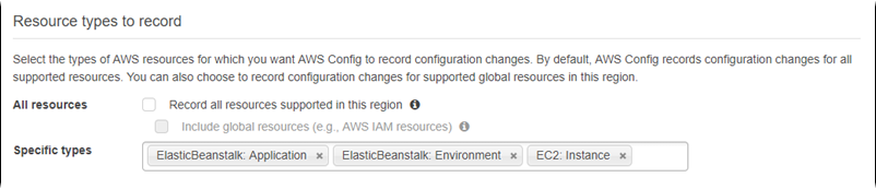 AWS ConfigPágina de configuración de con los tipos de recursos que se van a registrar seleccionados