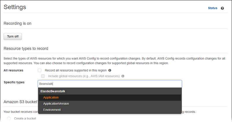 AWS ConfigPágina de configuración de con una lista de tipos de recursos que pueden elegirse para registrarlos