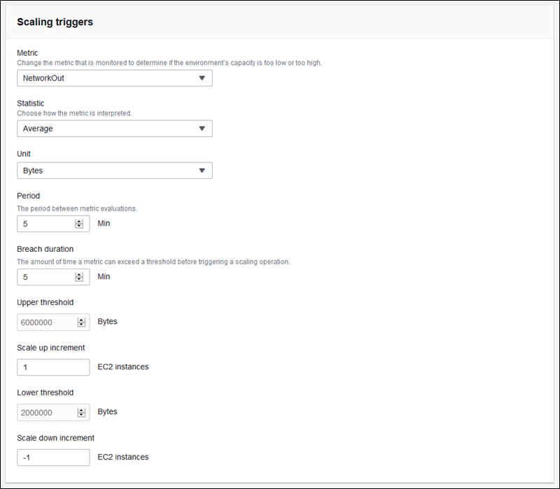 Página de configuración de los desencadenadores de Auto Scaling de Elastic Beanstalk