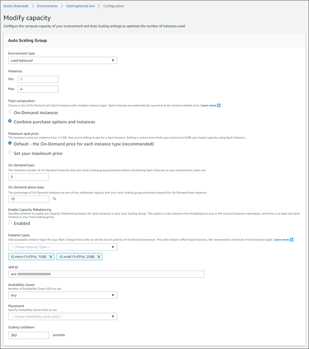 Ventana de configuración de Auto Scaling de Elastic Beanstalk