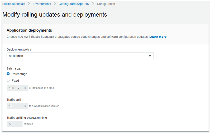 Sección Application deployments (Implementaciones de aplicación) en la página de configuración Modify rolling updates and deployments (Modificar actualizaciones e implementaciones continuas)