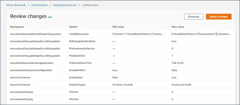 Revisar los cambios en la página de configuración de la consola de Elastic Beanstalk