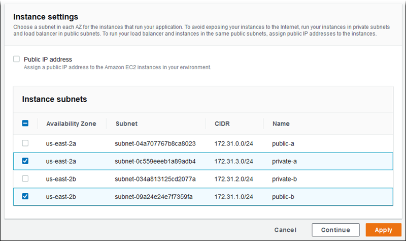 Sección Instance settings (Configuración de instancia) de la página de configuración Modify network (Modificar red) de la consola de Elastic Beanstalk