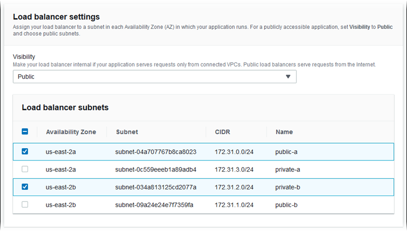 Sección Load balancer settings (Configuración del balanceador de carga) de la página Modify network configuration (Modificar configuración de red) de la consola de Elastic Beanstalk