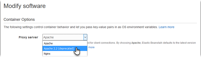 Selección del proxy para un entorno Tomcat en la categoría de configuración de software de la consola de Elastic Beanstalk