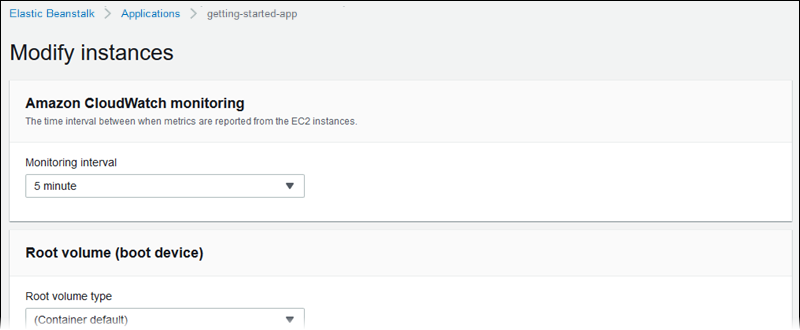 Página de configuración Modify instances (Modificar instancias)