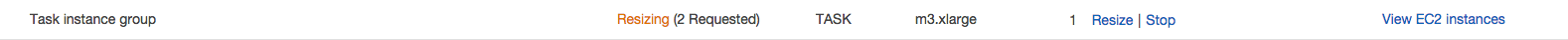 Task instance group showing resizing status with options to resize or stop.