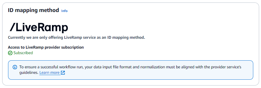 The Subscribed status for the LiveRamp ID mapping method on the Specify ID mapping workflow page