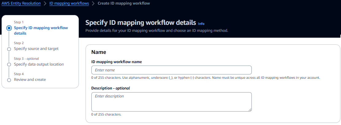 The name and description fields on the Specify ID mapping workflow page