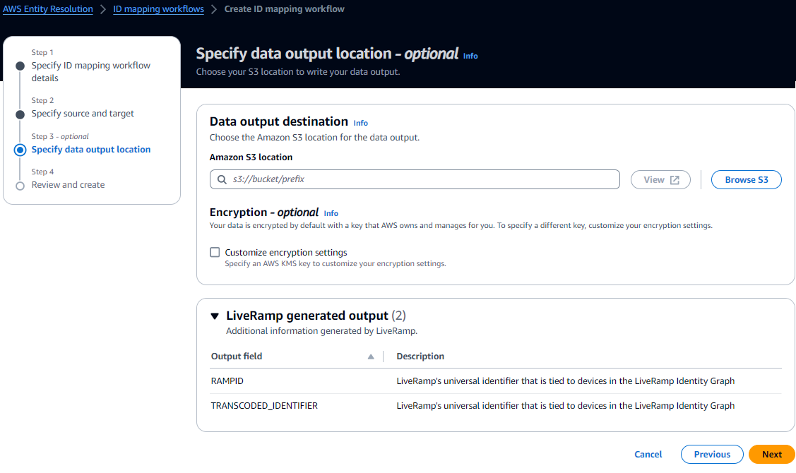 The Data output destination fields on the Specify data output location page