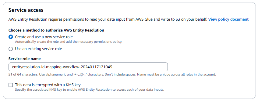 The Service access options on the Specify source and target page