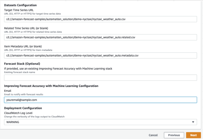 Datasets configuration form with URL fields for time series data and email input for forecast results.