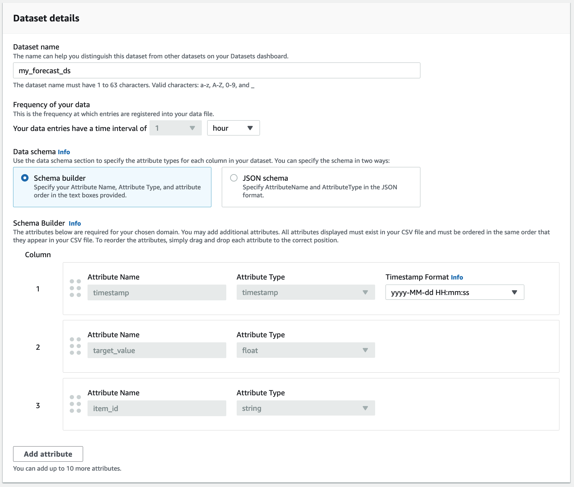 Dataset details form with name, frequency, and schema builder sections for data configuration.