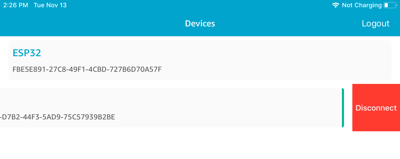 Página de dispositivos que muestra un ID de dispositivo ESP32 y otro ID de dispositivo.