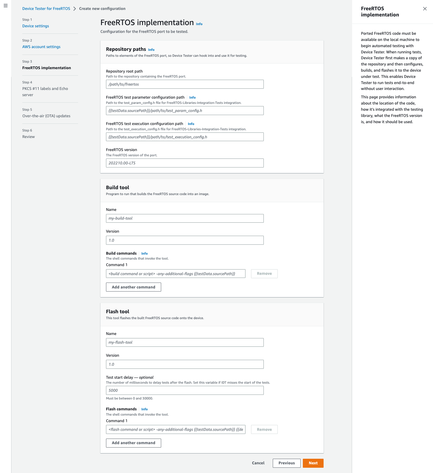 Sección de configuración de implementación de FreeRTOS con rutas de repositorio, rutas de ejecución de pruebas, versión de FreeRTOS, detalles de la herramienta de compilación y configuración de la herramienta flash.