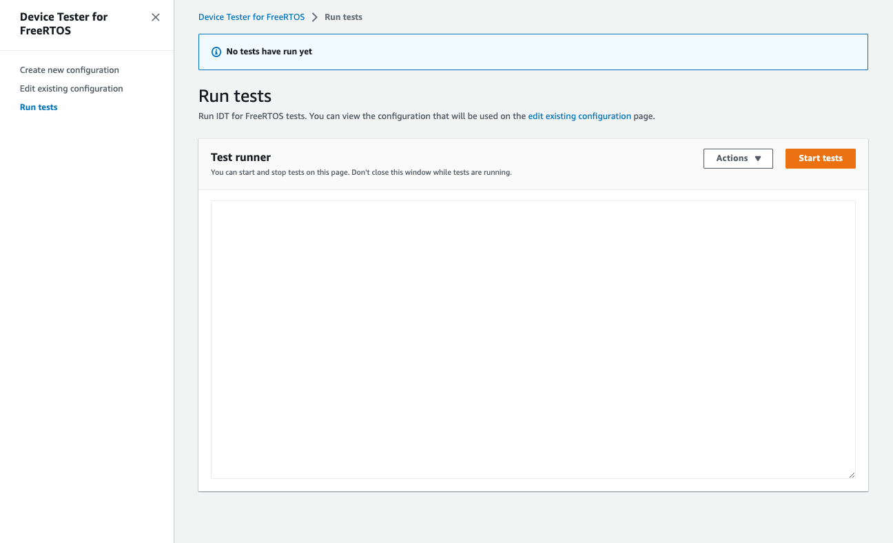 La interfaz de Device Tester for FreeRTOS muestra que aún no se ha realizado ninguna prueba, con opciones para crear una nueva configuración, editar la configuración existente y ejecutar pruebas.