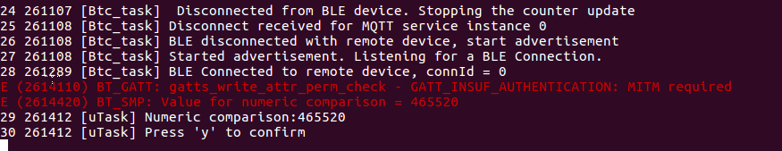 El resultado de la consola muestra la desconexión del dispositivo BLE, la desconexión del servicio MQTT, el inicio del anuncio, la conexión BLE al dispositivo remoto y una solicitud de comparación numérica.