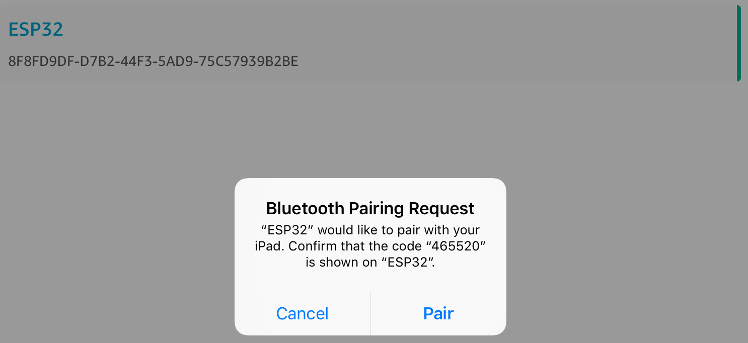 Cuadro de diálogo de solicitud de emparejamiento Bluetooth para el dispositivo «» que muestra el código «ESP32465520" para confirmar que está activado». ESP32