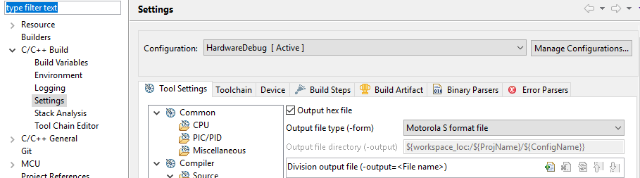 Ventana de ajustes de configuración de C/C++ Build que muestra las opciones del compilador y el enlazador, como el archivo hexadecimal de salida, el tipo de archivo de salida, el directorio de salida y las opciones de división de archivos.