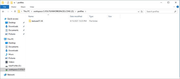 El cuadro de diálogo del Explorador de archivos de Windows que muestra una nueva carpeta para un WorkSpace usuario.