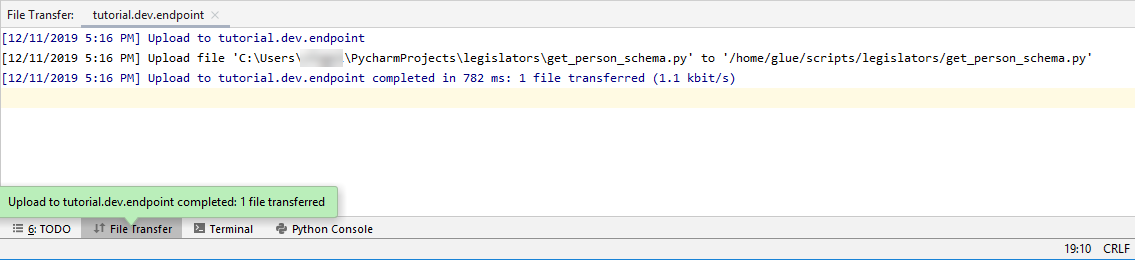 La parte inferior de la pantalla de PyCharm después realizar correctamente una implementación.