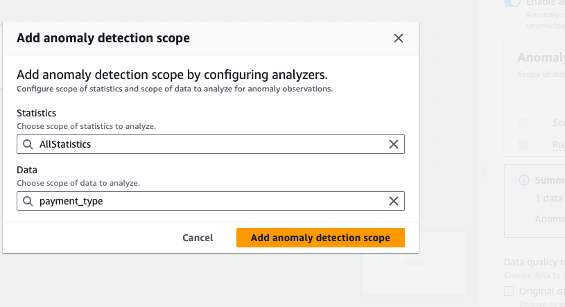 La captura de pantalla muestra los campos para Estadísticas y Datos. Puede elegir qué estadísticas quiere aplicar a su conjunto de datos y en qué columnas.