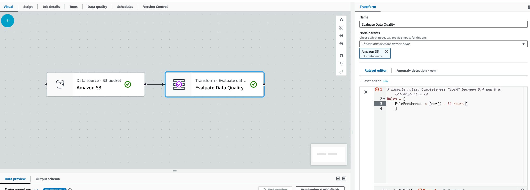 La instantánea muestra un nodo de evaluación de Calidad de datos conectado a un nodo de Amazon S3.