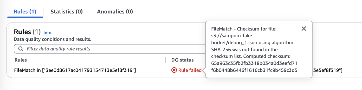 La instantánea muestra una regla con el estado Regla fallida de Calidad de datos. FileMatch explica el error.