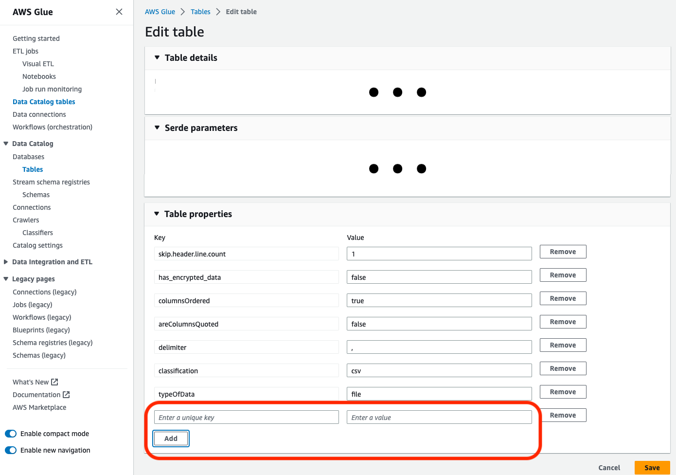 Campo de edición de propiedades de la tabla de catálogo en la consola AWS Glue.