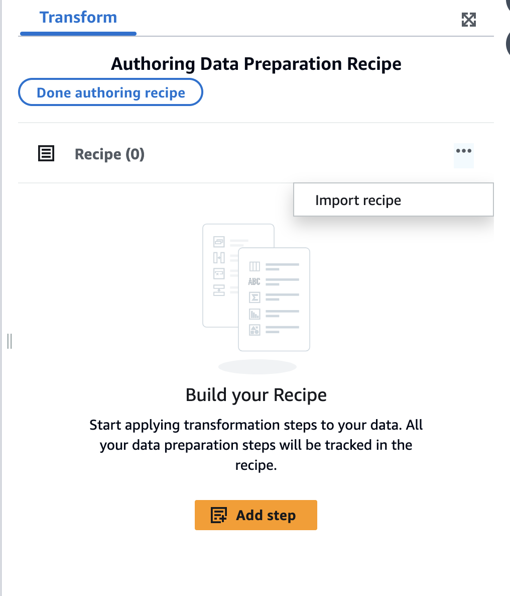 Data preparation interface showing "Build your Recipe" with an "Add step" button.