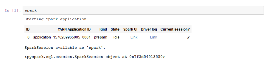 La respuesta del sistema muestra el estado de la aplicación de Spark junto con el siguiente mensaje: SparkSession available as 'spark' (SparkSession disponible como “spark”).