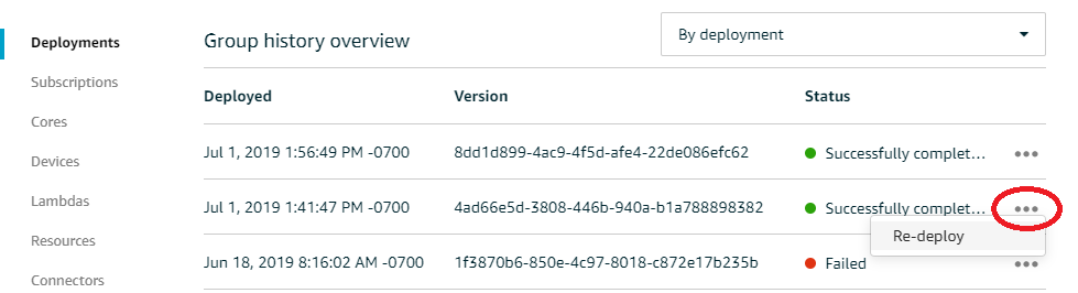 Página Deployments (Implementaciones) que muestra la acción Re-deploy (Volver a implementar) para una implementación.