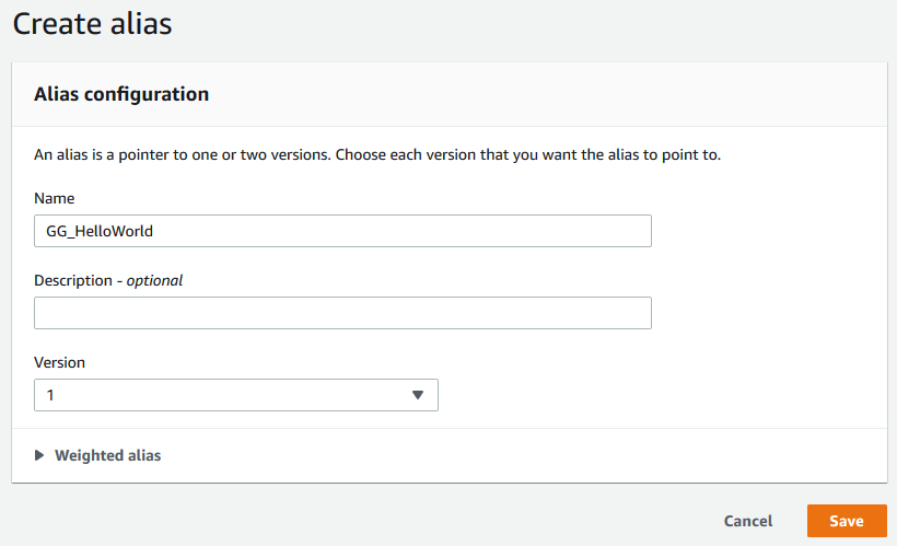 Captura de pantalla de Crear un nuevo alias con el campo Nombre establecido en GG_HelloWorld, y el campo Versión establecido en 1.