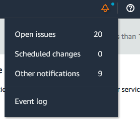 Captura de pantalla del icono de campana de notificaciones de la consola de AWS Health.
