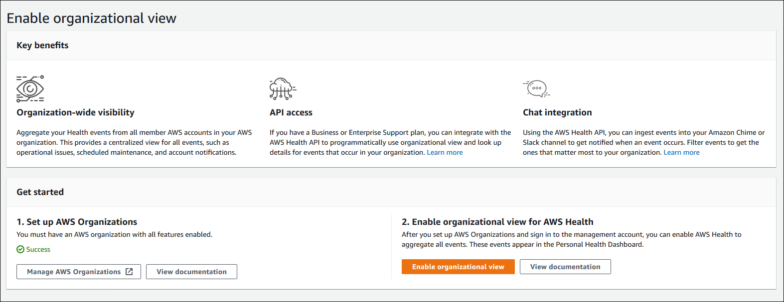 Captura de pantalla de la página Activar vista organizativa en la consola de AWS Health.