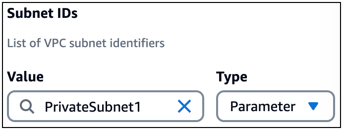 Se proporciona un valor PrivateSubnet 1 para el tipo de parámetro de un campo de ID de subred.