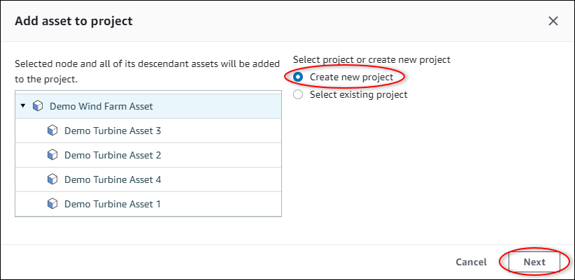 Cuadro de diálogo Añadir activos al proyecto, paso 1 de 2.