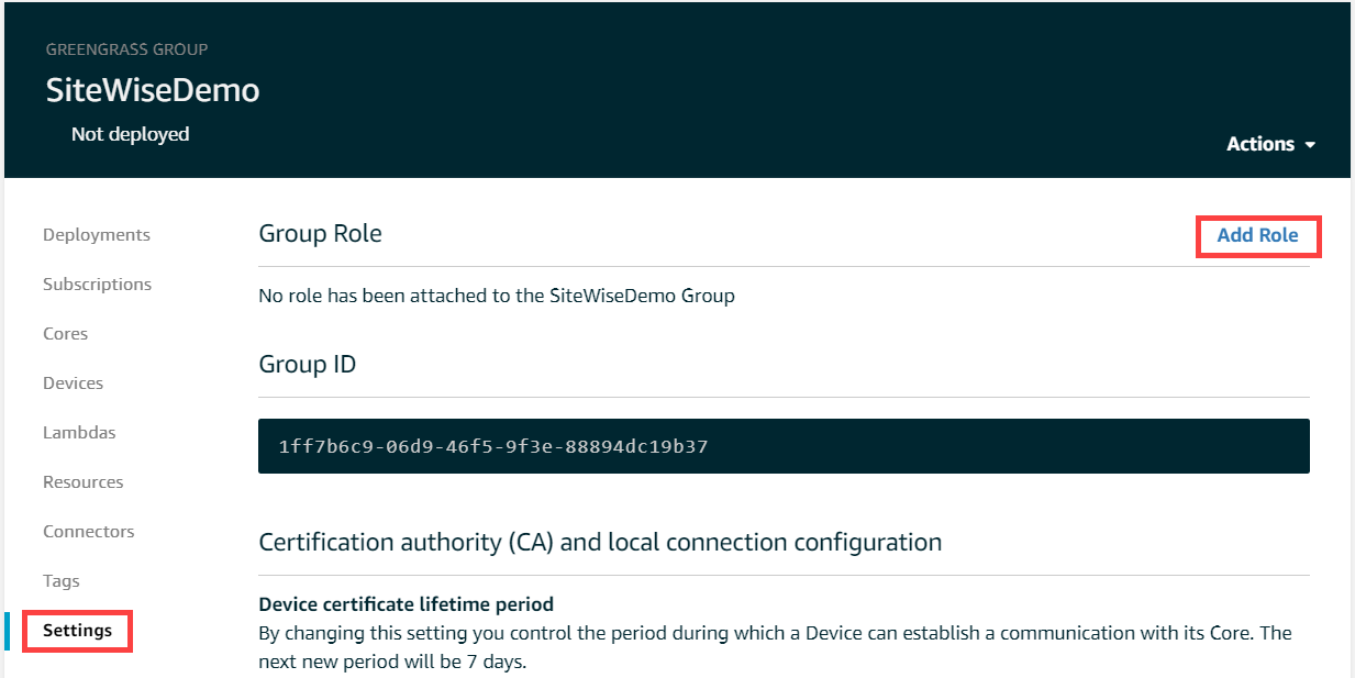 AWS IoT Greengrass Captura de pantalla de la página «Añadir rol».