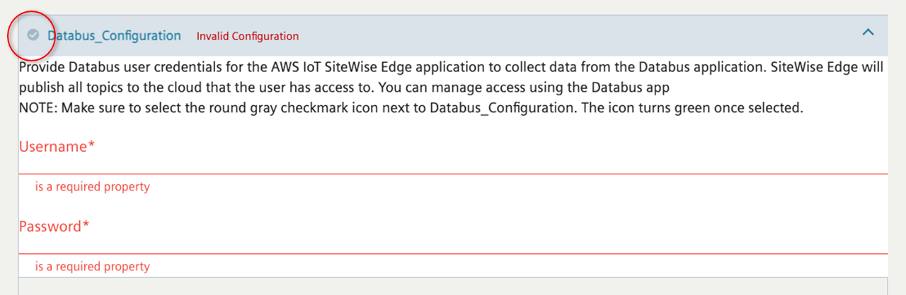 Captura de pantalla de la pantalla del configurador Databus de Siemens que muestra un proceso pendiente, con un icono de marca de verificación gris encerrado en un círculo.