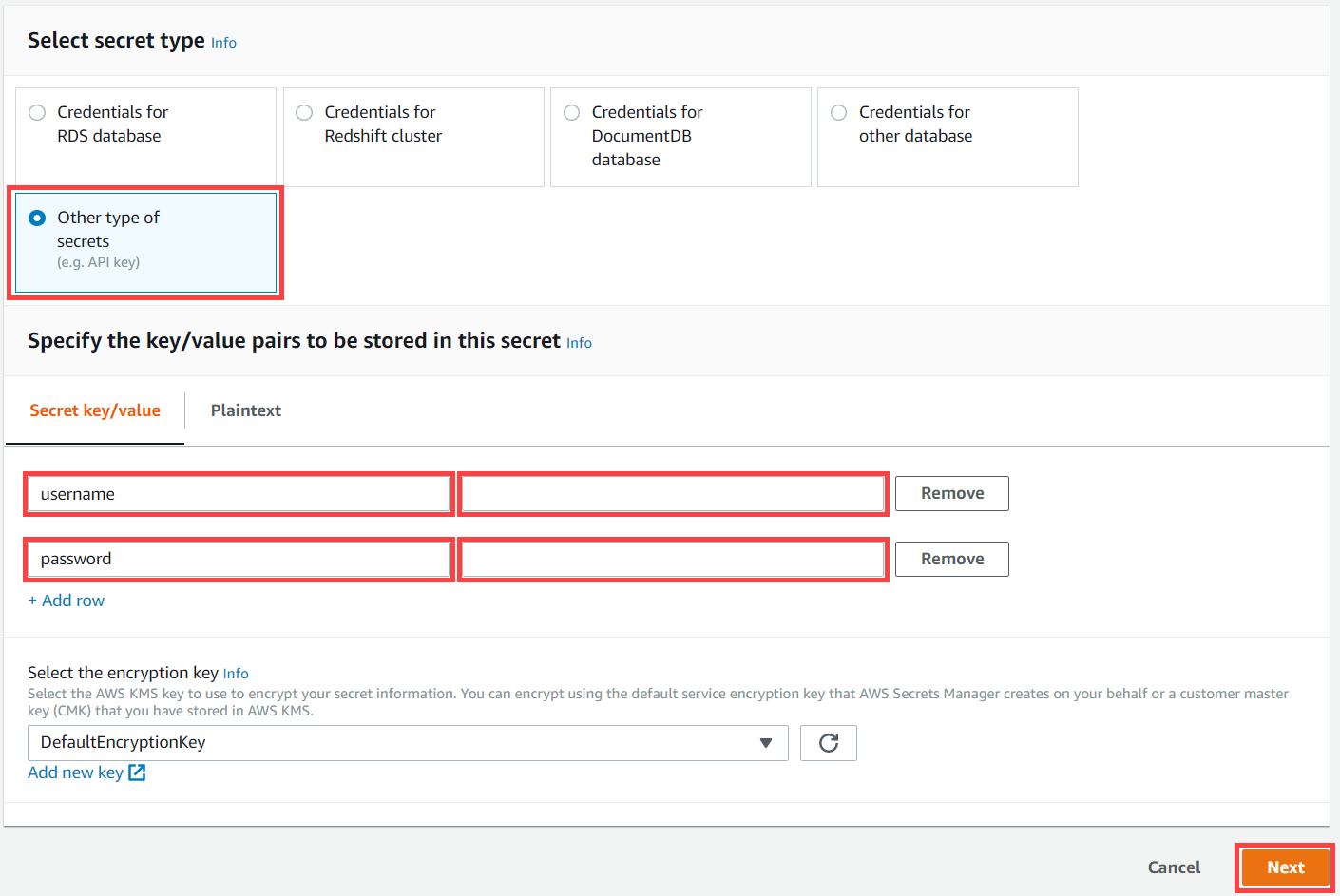 AWS IoT Greengrass Captura de pantalla de la página «Tipo secreto».