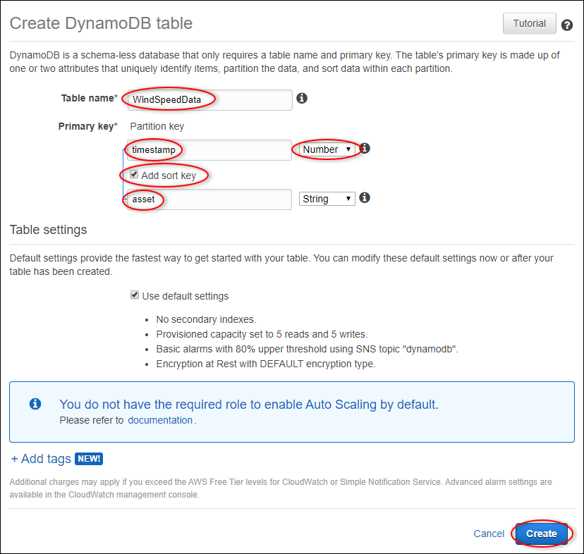 Captura de pantalla de la página “Crear tabla” de DynamoDB.