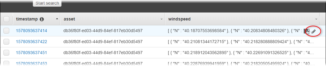 Captura de pantalla de la página de la tabla de DynamoDB con el icono de edición en una fila resaltado.