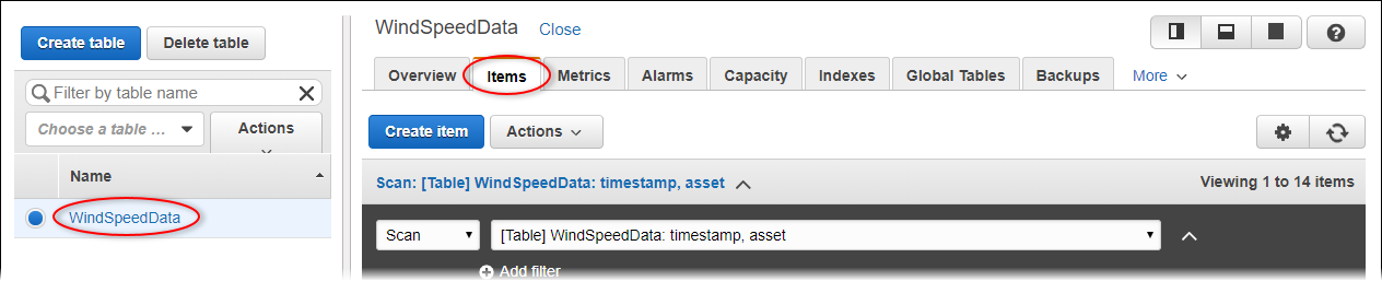 Captura de pantalla de la página de la tabla de DynamoDB con la pestaña “Elementos” resaltada.