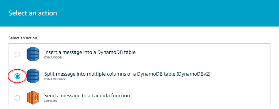 AWS IoT Captura de pantalla de la página principal «Seleccione una acción» con la acción D ynamoDBv 2 resaltada.