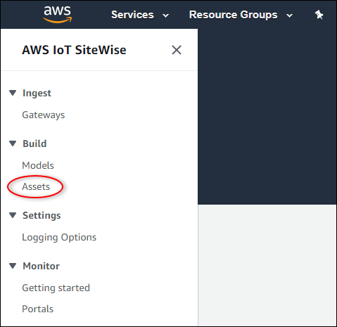 AWS IoT SiteWise Captura de pantalla del elemento de navegación izquierdo «Activos».