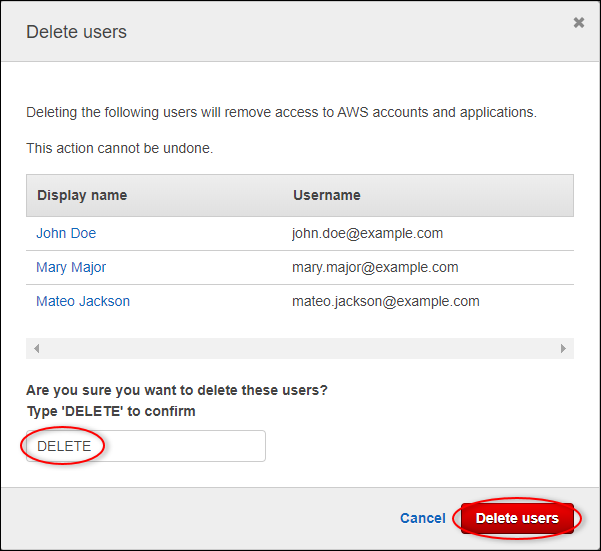 IAMCuadro de diálogo «Eliminar usuarios» de Identity Center.
